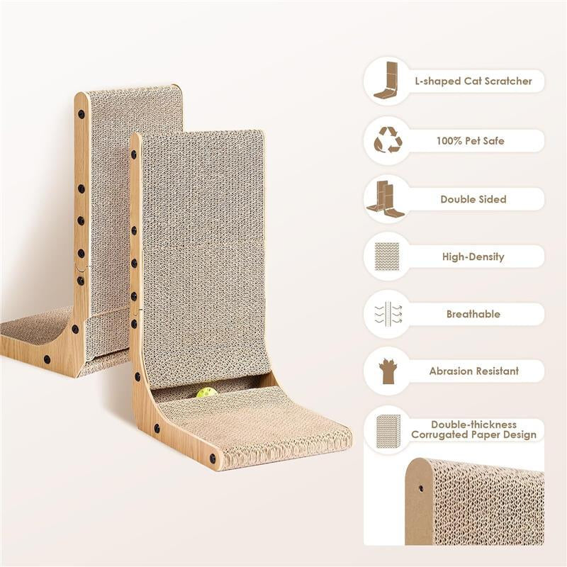 Cat Scratcher for Indoor Cats, 26.8 Inch L Shaped Vertical Cat Scratching Board with Ball Cat Toy, Large Cat Scratcher Pad