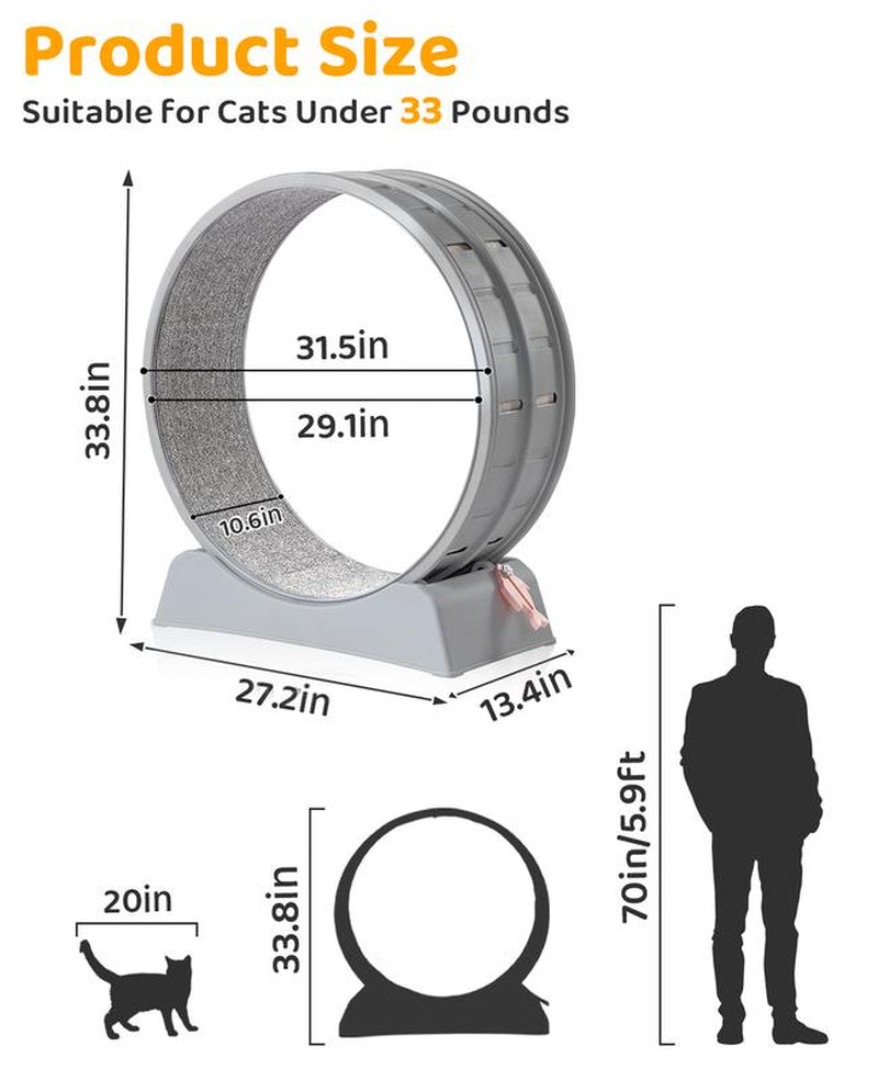 REBUYHOME Cat Exercise Wheel, 31.5 Inch Cat Wheels for Indoor Cats, Cat Treadmill Wheel Exerciser with Carpeted Runway, Plastic Cat Running Wheel for Cats Daily Exercise and Weight Loss, Grey