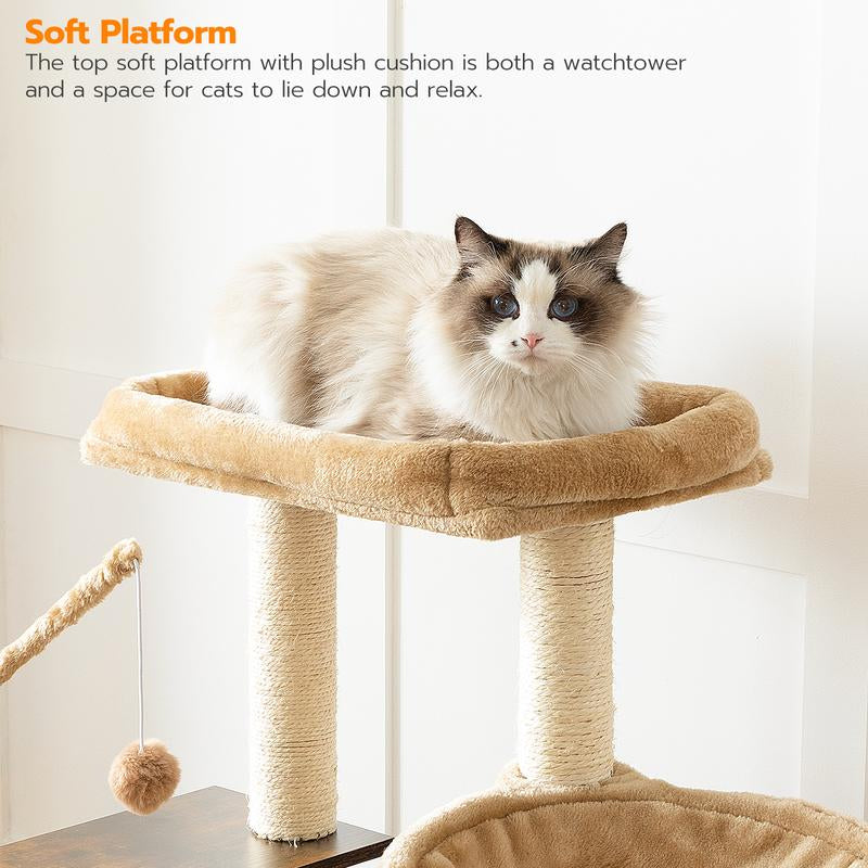 HOOBRO Cat Tree with Litter Box Enclosure, 44" Tall Wooden Cat Tower with Scratching Posts, Cat Hammock, Hidden Litter Box Furniture, All-In-One Indoor Cat Condo, Rustic Brown#Springtok
