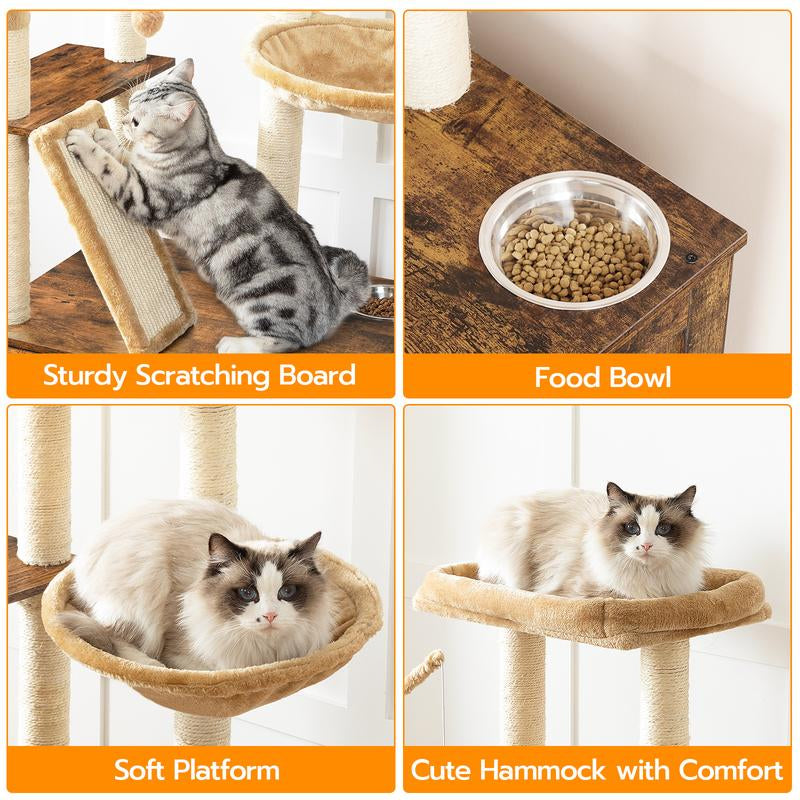 HOOBRO Cat Tree with Litter Box Enclosure, 44" Tall Wooden Cat Tower with Scratching Posts, Cat Hammock, Hidden Litter Box Furniture, All-In-One Indoor Cat Condo, Rustic Brown#Springtok