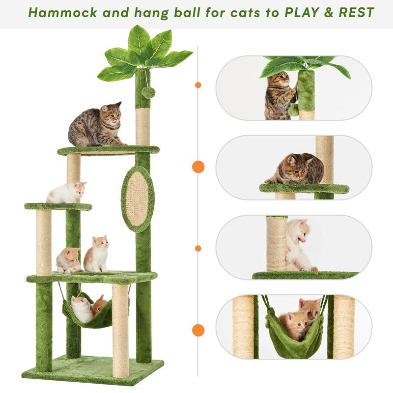 Wecharmer 55" Cat Tree / Tower for Indoor with Green Leaves, Cat Condo Cozy Plush House with Hang Ball, Pet Furniture with Scratching Posts Cat Tree