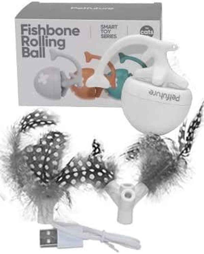 Fishbone Rolling Ball Pet Toy Cat Toy Interactive Indoor Pet Toy Kicker with Catnip Kitten Electric Cat Toy Ball 2 Accessories USB Rechargeable
