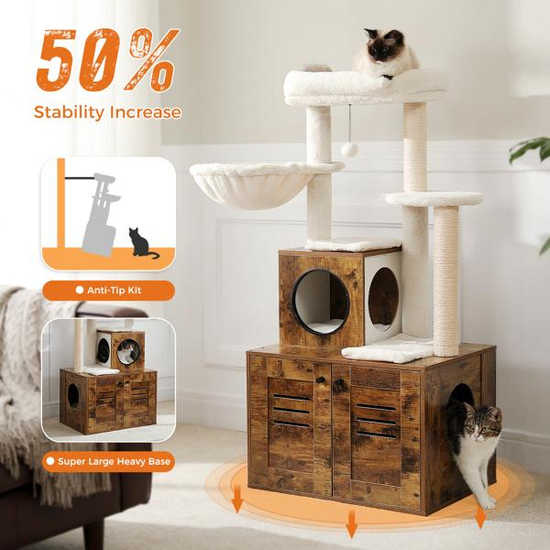 Cat Tree with Litter Box Enclosure, 50" Modern Cat Tree for Large/Fat Cats with Cat Condo, Wooden Cat Furniture with Large Hammock and Top Perch, Complimentary Cat Litter Box,Brown
