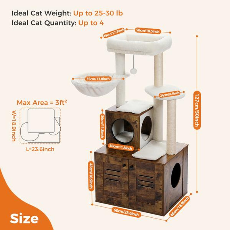 Cat Tree with Litter Box Enclosure, 50" Modern Cat Tree for Large/Fat Cats with Cat Condo, Wooden Cat Furniture with Large Hammock and Top Perch, Complimentary Cat Litter Box,Brown