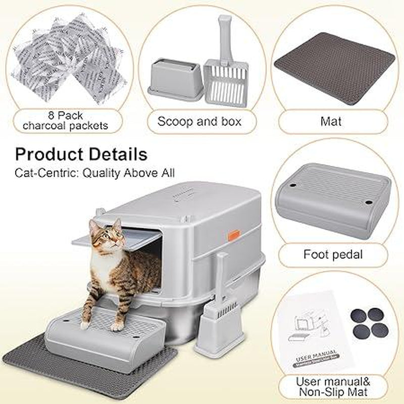 #Dealsforyoudays #Dealsforyou Odor-Control Stainless Steel Cat Litter Box,Xl Large 4-In-1 Cat Metal Litter Box Set,Enclosed Removable Metal Litter Box with High Sided Enclosure,Cat Litter Mat & Scoop,Extremely Easy Cleaning Geoorood Pet