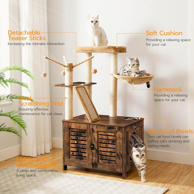 HOOBRO Cat Tree with Litter Box Enclosure, 44" Tall Wooden Cat Tower with Scratching Posts, Cat Hammock, Hidden Litter Box Furniture, All-In-One Indoor Cat Condo, Rustic Brown#Springtok