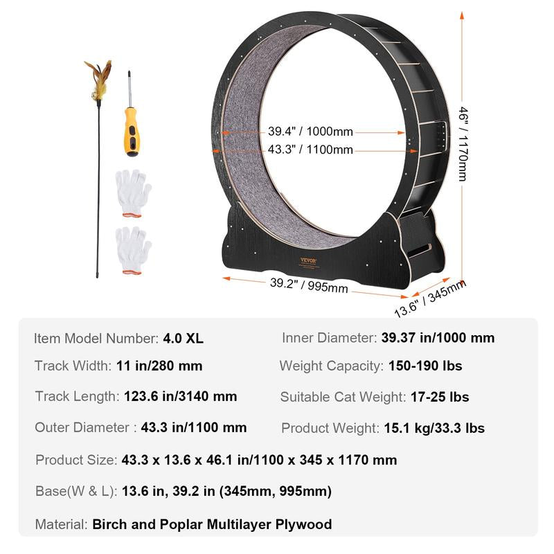 VEVOR Cat Exercise Wheel, Large Cat Treadmill Wheel for Indoor Cats, 29.5 Inch Cat Running Wheel with Detachable Carpet and Cat Teaser for Running/Walking/Training, Suitable for Most Cats