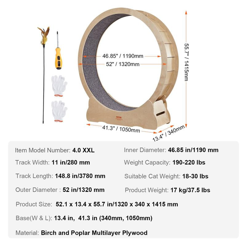 VEVOR Cat Exercise Wheel, Large Cat Treadmill Wheel for Indoor Cats, 29.5 Inch Cat Running Wheel with Detachable Carpet and Cat Teaser for Running/Walking/Training, Suitable for Most Cats