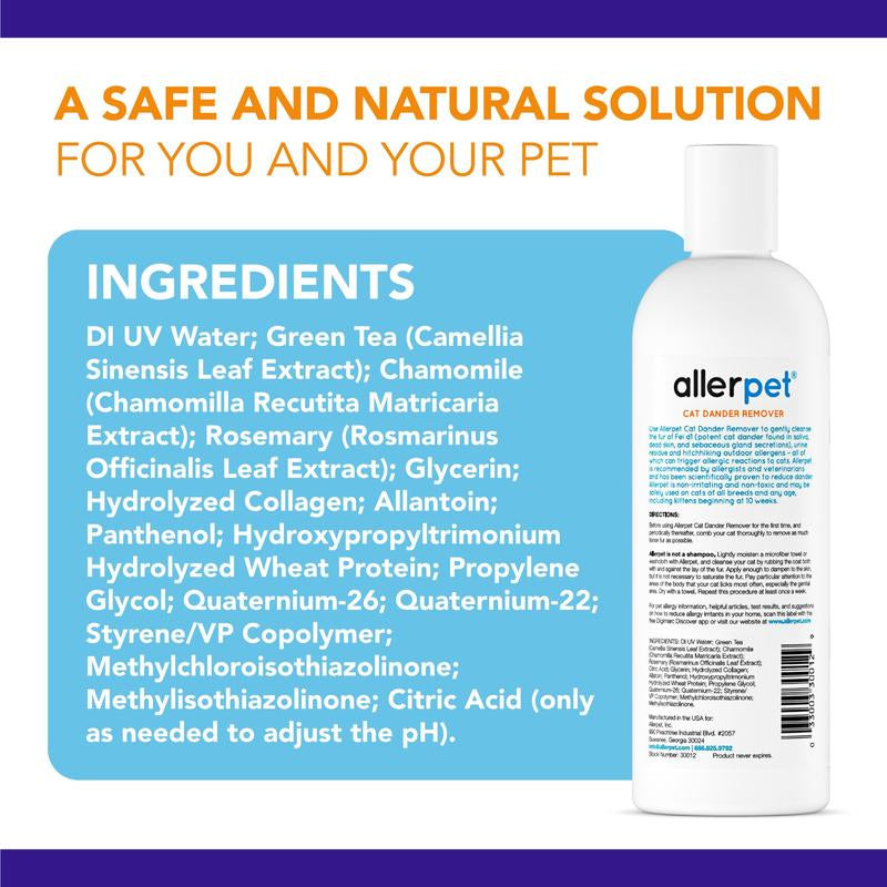 Allerpet Aloe Vera Free Cat Dander Remover - Pet Dander Allergy Relief, Natural & Safe Allergy Relief for Cats and Humans, Soothing Chamomile & Rosemary, Made in USA (12 Oz)