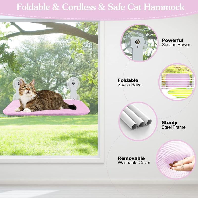 Asfrost Foldable Cat Window Perch, Cordless Cat Window Hammock Cat Window Bed for Indoor Cats Inside, Large Cats Window Seat Window Sill Cat Perch, Strong Suction Cup & Sturdy Metal Frame & Breathable Mat Cat Window