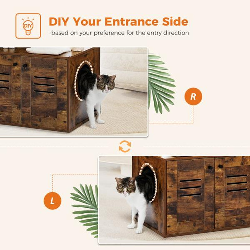 Cat Tree with Litter Box Enclosure, 50" Modern Cat Tree for Large/Fat Cats with Cat Condo, Wooden Cat Furniture with Large Hammock and Top Perch, Complimentary Cat Litter Box,Brown