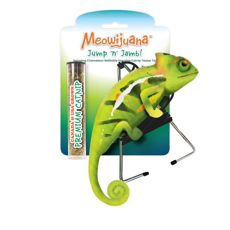 Jump 'N' Jamb Swinging Chameleon Refillable Catnip Teaser Toy - Interactive Plush Cat Toy