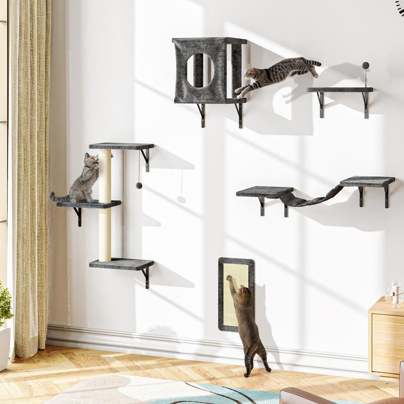 [Dealsforyoudays] 5-Piece Wall Mounted Cat Climbing Set – Soft House, Cat Scratching Board, Cat Tree, Cat Hammock & Cat Juamping Platform[Fathersdaygift]