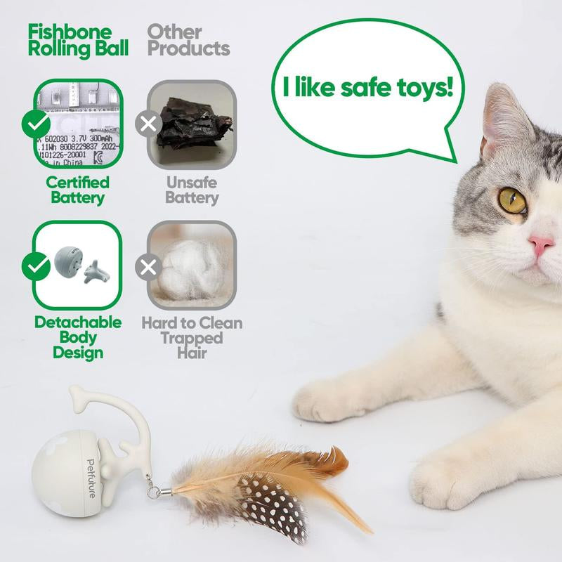 Fishbone Rolling Ball Pet Toy Cat Toy Interactive Indoor Pet Toy Kicker with Catnip Kitten Electric Cat Toy Ball 2 Accessories USB Rechargeable
