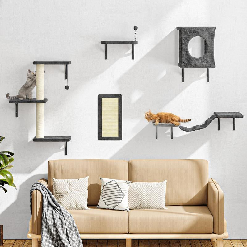 [Dealsforyoudays] 5-Piece Wall Mounted Cat Climbing Set – Soft House, Cat Scratching Board, Cat Tree, Cat Hammock & Cat Juamping Platform[Fathersdaygift]