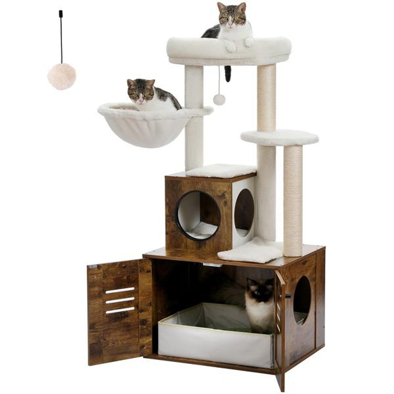 Cat Tree with Litter Box Enclosure, 50" Modern Cat Tree for Large/Fat Cats with Cat Condo, Wooden Cat Furniture with Large Hammock and Top Perch, Complimentary Cat Litter Box，Brown