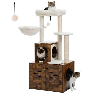 Cat Tree with Litter Box Enclosure, 50" Modern Cat Tree for Large/Fat Cats with Cat Condo, Wooden Cat Furniture with Large Hammock and Top Perch, Complimentary Cat Litter Box，Brown