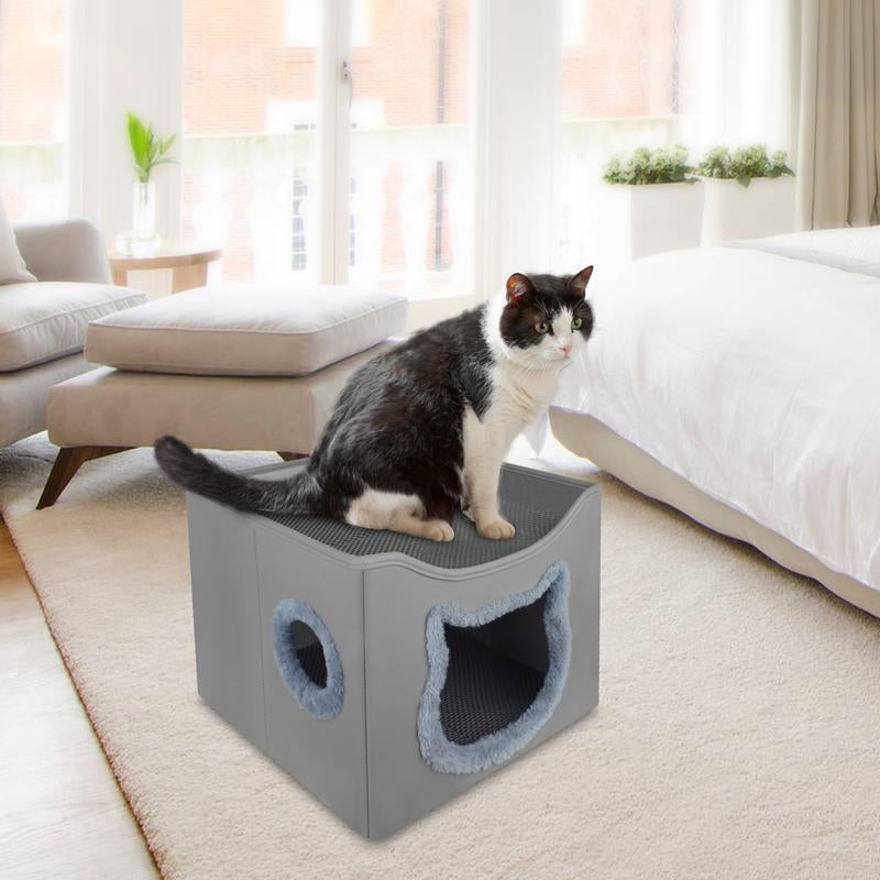 PHANCIR Cat Beds for Indoor Cats, Foldable Square Comfortable Pet Cave Bed & Furniture, with Scratching Pad and 2 Cushion, Grey