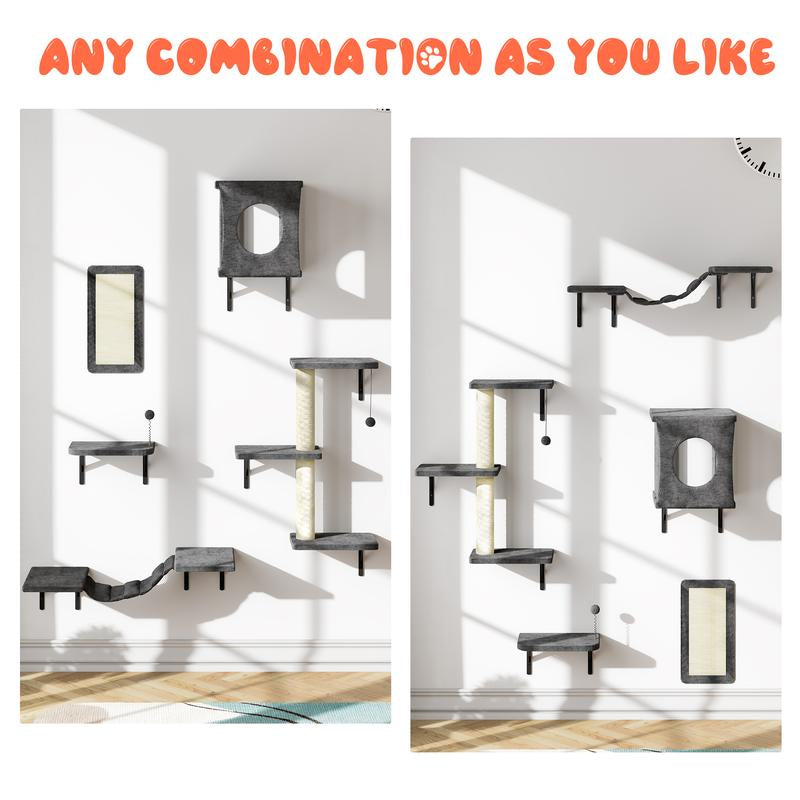 [Dealsforyoudays] 5-Piece Wall Mounted Cat Climbing Set – Soft House, Cat Scratching Board, Cat Tree, Cat Hammock & Cat Juamping Platform[Fathersdaygift]