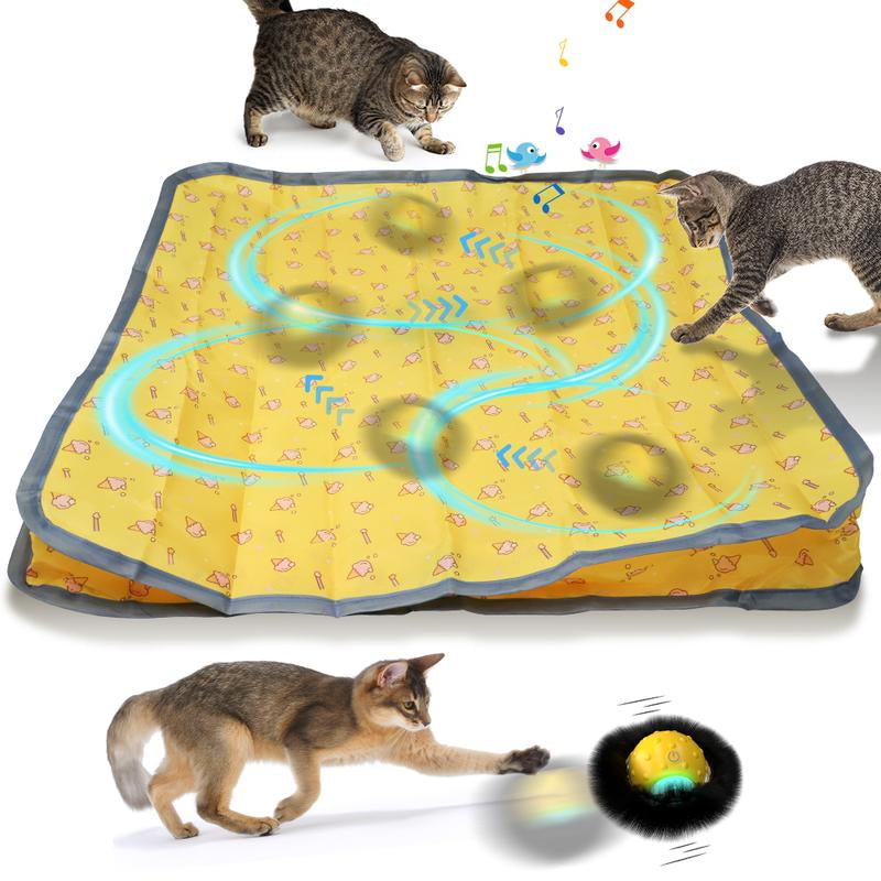 Interactive Cat Toys Ball Fast Rolling in Pouch,Motion Activate Chirping Cat Toy Hide and Seek Mouse Catching Game Auto Interactive Cat Toy Wand