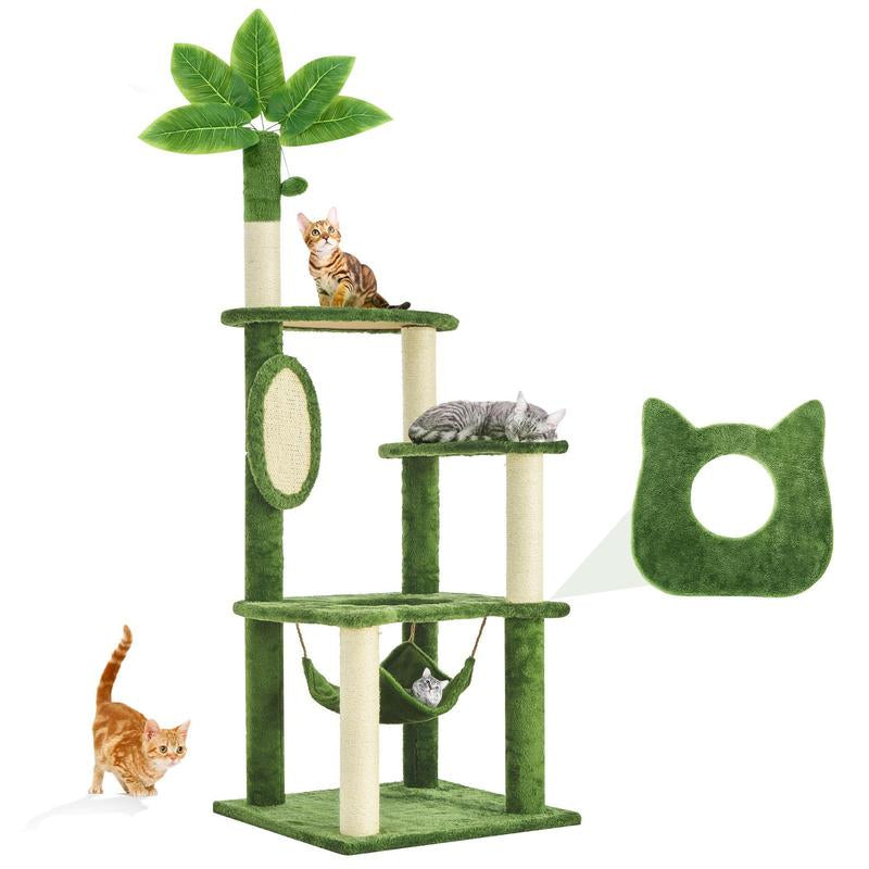Wecharmer 55" Cat Tree / Tower for Indoor with Green Leaves, Cat Condo Cozy Plush House with Hang Ball, Pet Furniture with Scratching Posts Cat Tree