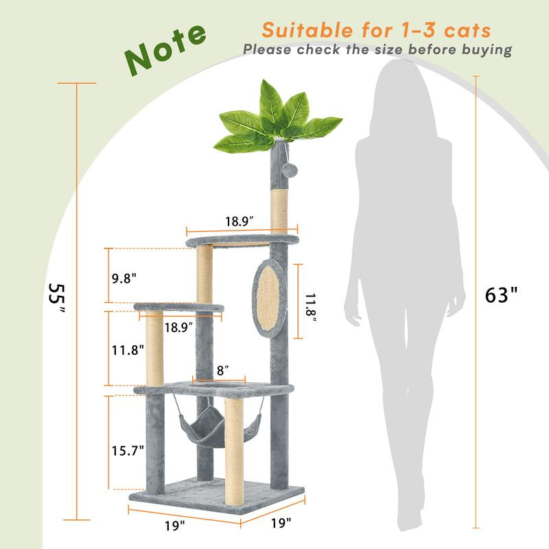 Wecharmer 55" Cat Tree / Tower for Indoor with Green Leaves, Cat Condo Cozy Plush House with Hang Ball, Pet Furniture with Scratching Posts Cat Tree