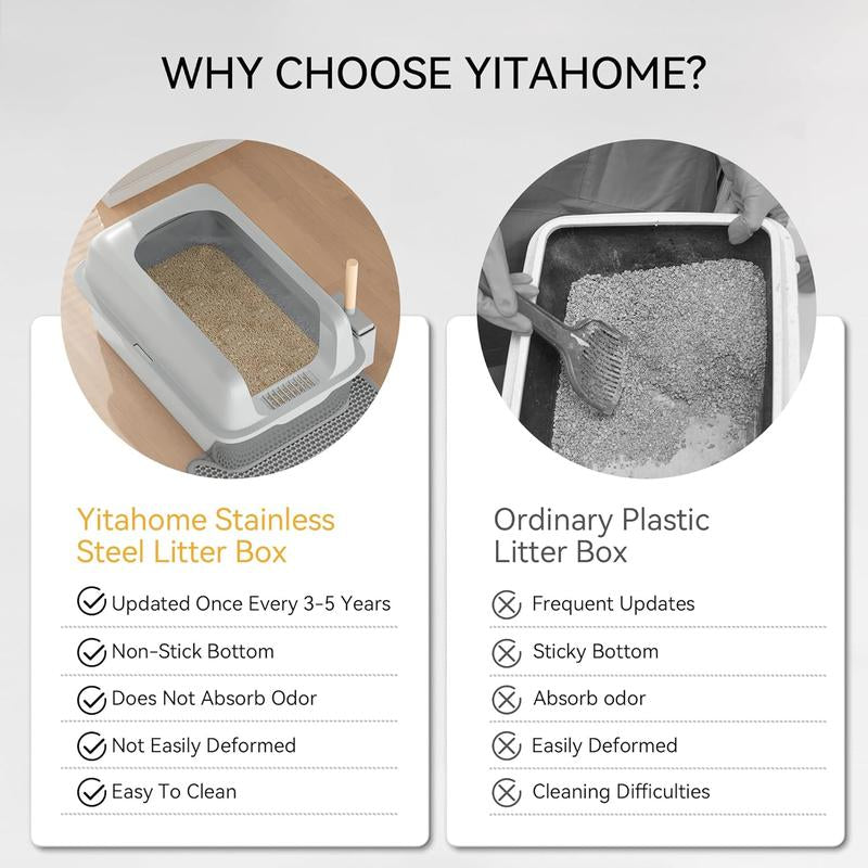 Yitahome Stainless Steel Cat Litter Box with Lid and Scoop, Extra Large Enclosed Metal Litter Box for Large Cats with Non-Slip Bottom, Odorless, Anti-Leakage, Non-Stick