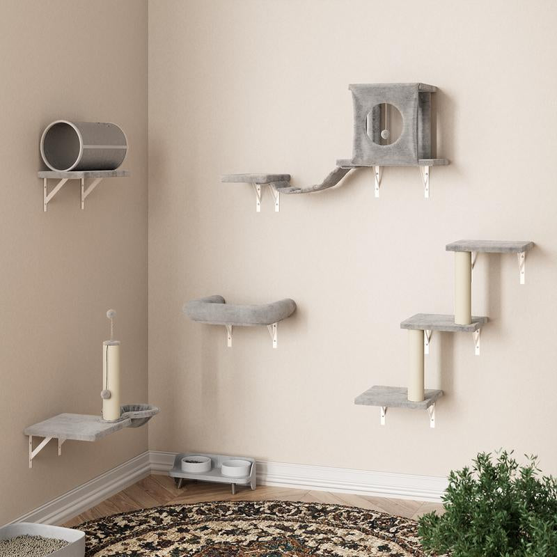 [Dealsforyoudays] 7-In-1 Wall Mounted Cat Climber Set with Cat House, Tunnel, Bridge, Tree, Steps, Scratcher Board & Hammock, Indoor Cat Shelves for Luxury Kitty