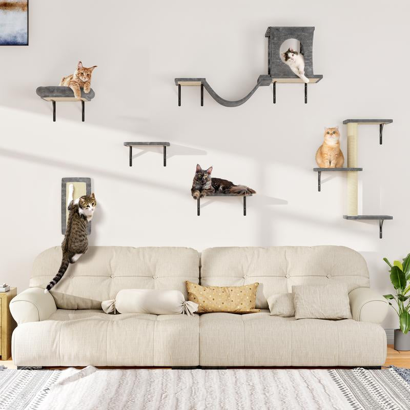 [Dealsforyoudays] 5-Piece Wall Mounted Cat Climbing Set – Soft House, Cat Scratching Board, Cat Tree, Cat Hammock & Cat Juamping Platform[Fathersdaygift]