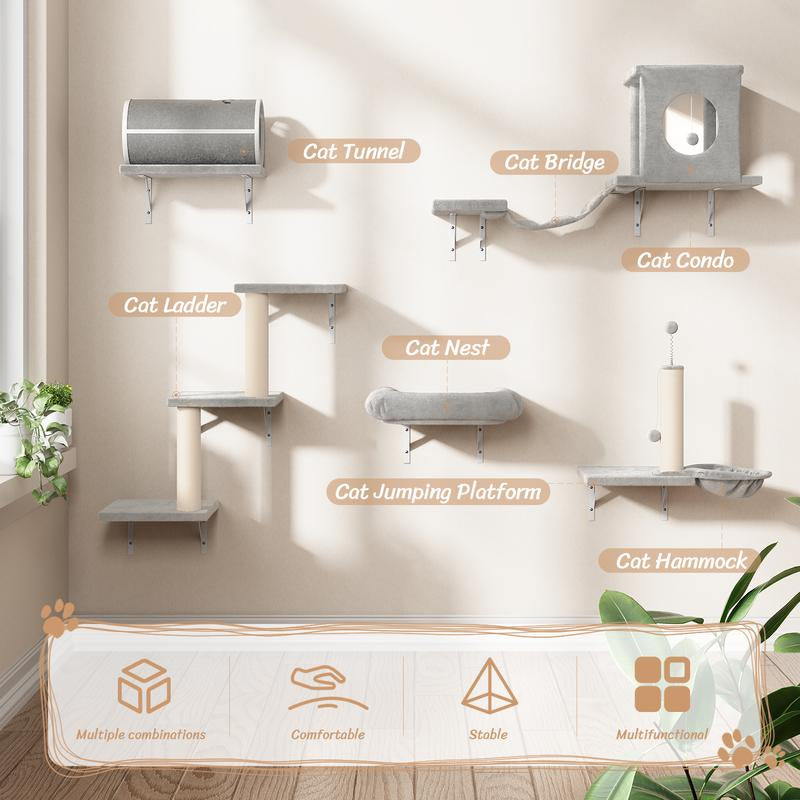 [Dealsforyoudays] 7-In-1 Wall Mounted Cat Climber Set with Cat House, Tunnel, Bridge, Tree, Steps, Scratcher Board & Hammock, Indoor Cat Shelves for Luxury Kitty