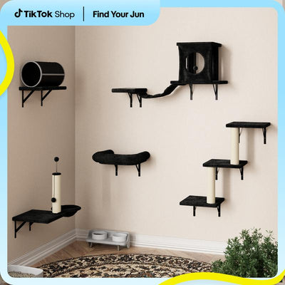 [Dealsforyoudays] 7-In-1 Wall Mounted Cat Climber Set with Cat House, Tunnel, Bridge, Tree, Steps, Scratcher Board & Hammock, Indoor Cat Shelves for Luxury Kitty