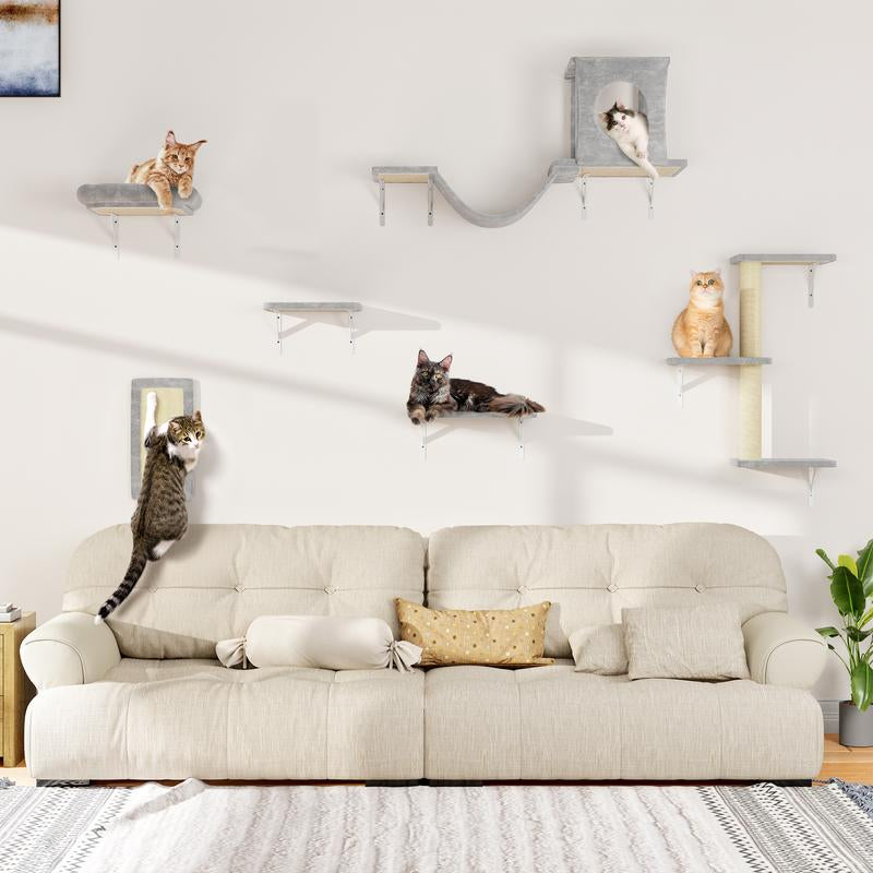 [Dealsforyoudays] 5-Piece Wall Mounted Cat Climbing Set – Soft House, Cat Scratching Board, Cat Tree, Cat Hammock & Cat Juamping Platform[Fathersdaygift]
