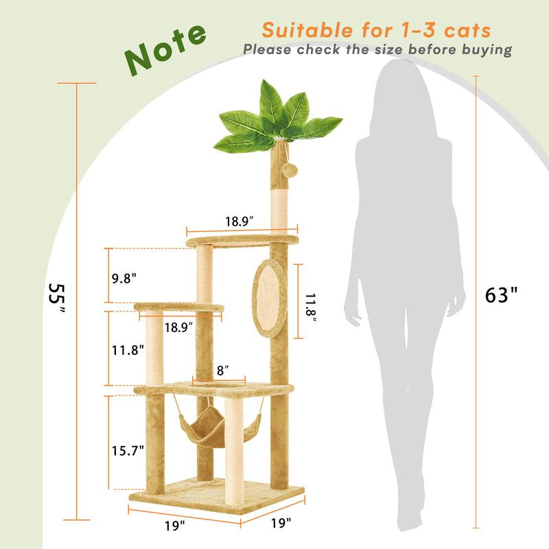 Wecharmer 55" Cat Tree / Tower for Indoor with Green Leaves, Cat Condo Cozy Plush House with Hang Ball, Pet Furniture with Scratching Posts Cat Tree