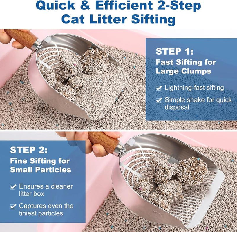 Misofog Cat Litter Scoop with Hook Heavy Duty Stainless Steel Sifter for Litter Box with Deep Shovel Durable Kitty Metal Scooper for Litter Box Kitten Pooper Lifter with 2 Different Width Sifter - Litterbox