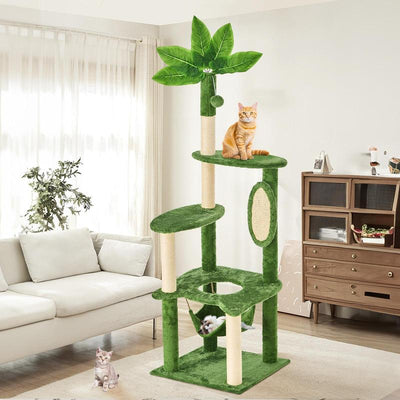 Wecharmer 55" Cat Tree / Tower for Indoor with Green Leaves, Cat Condo Cozy Plush House with Hang Ball, Pet Furniture with Scratching Posts Cat Tree