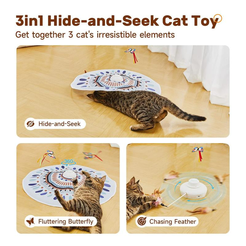Potaroma Electric Cat Toys Chargeable, 3In1 Hide and Seek Kitten Wand Toy, Interactive Automatic Cats Toy, Fluttering Butterfly, Moving Feather, Indoor Exercise Kicker 22.8 Inches Cover for All Breeds