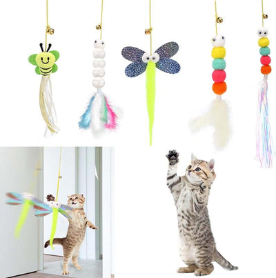 5 PCS Interchangeable Teaser Wand Cat Toy, Hanging Cat Feather Toys, Telescopic Interactive Cat Toys for Indoor Cats