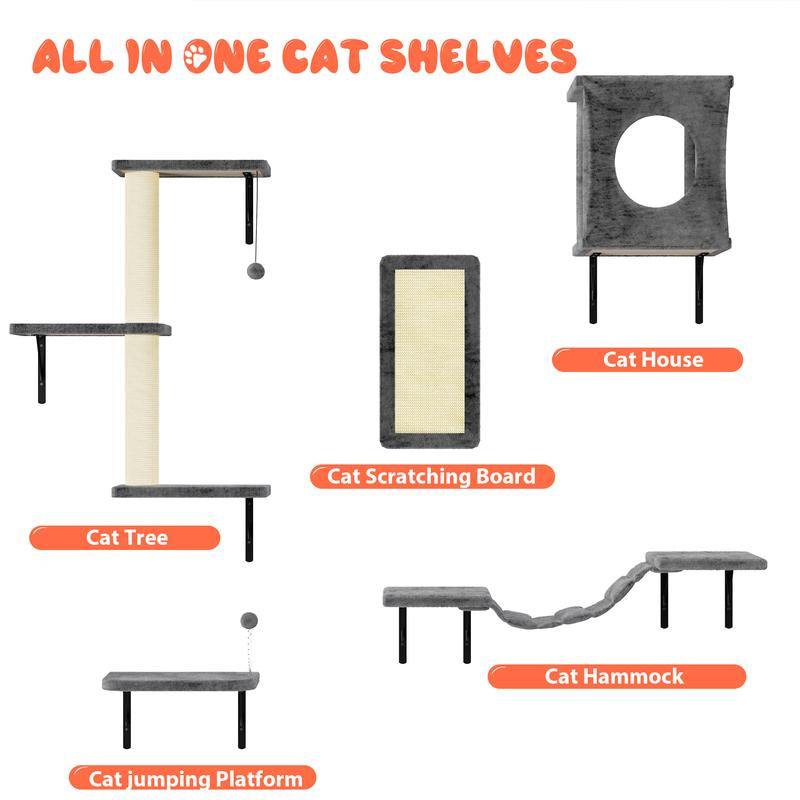 [Dealsforyoudays] 5-Piece Wall Mounted Cat Climbing Set – Soft House, Cat Scratching Board, Cat Tree, Cat Hammock & Cat Juamping Platform[Fathersdaygift]