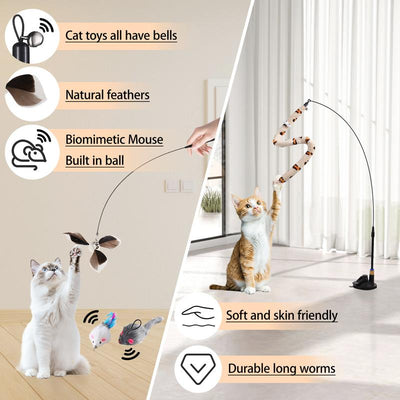 4-In-1 Interactive Indoor Cat Feather Toys - 12Pcs Durable Fishing Pole Cat Feather Toy Replacements - Enhanced Suction Cup Cat Wand Toy - 2 Types Door Hanging Cat String Toy for Indoor Kitten Cats