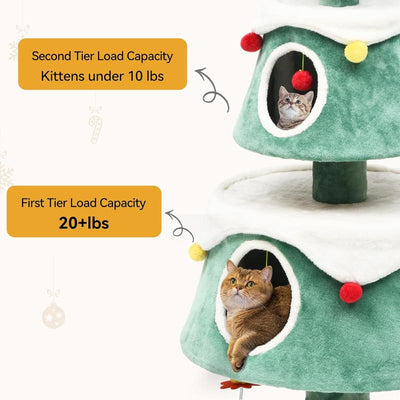 Yitahome 63" Christmas Cat Tree with Cat Teaser Toy, Cat Tower for Indoor Cats with 2 Cat House, Christmas Tree Design with Plush Ball for 2 Cat