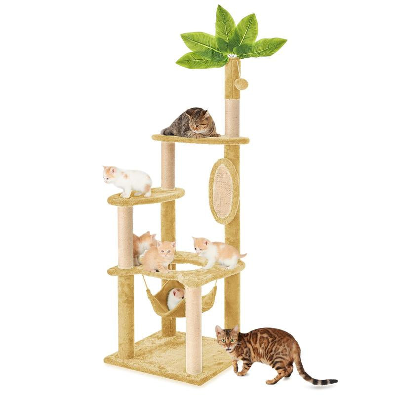 Wecharmer 55" Cat Tree / Tower for Indoor with Green Leaves, Cat Condo Cozy Plush House with Hang Ball, Pet Furniture with Scratching Posts Cat Tree