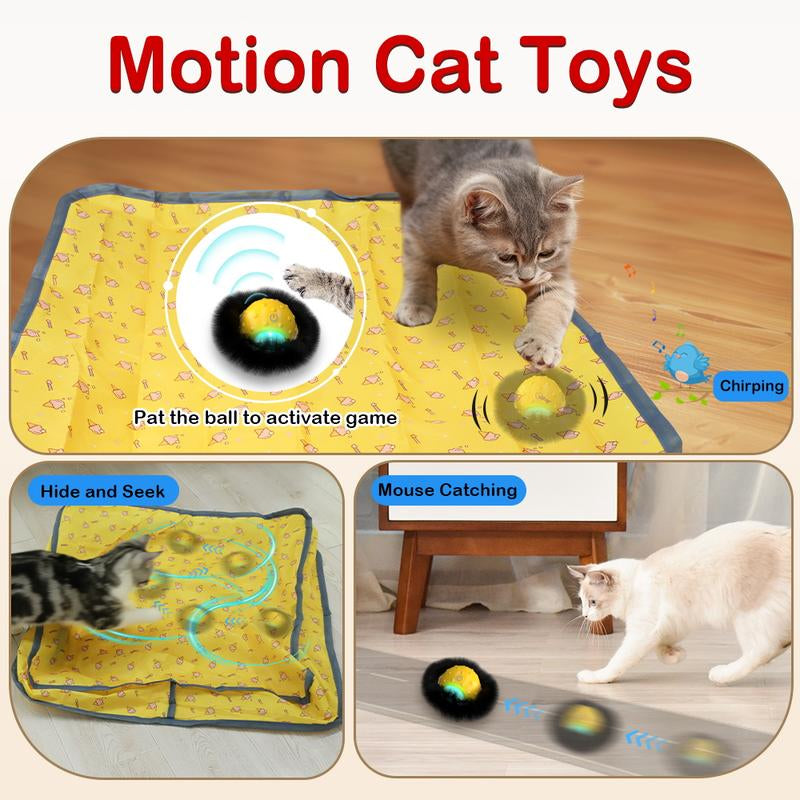 Interactive Cat Toys Ball Fast Rolling in Pouch,Motion Activate Chirping Cat Toy Hide and Seek Mouse Catching Game Auto Interactive Cat Toy Wand
