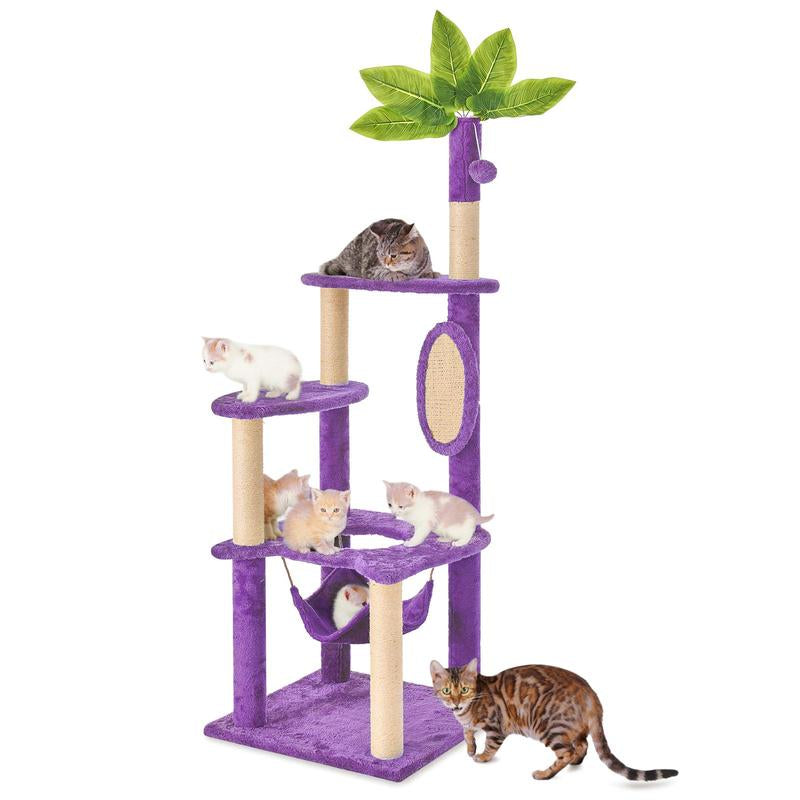 Wecharmer 55" Cat Tree / Tower for Indoor with Green Leaves, Cat Condo Cozy Plush House with Hang Ball, Pet Furniture with Scratching Posts Cat Tree