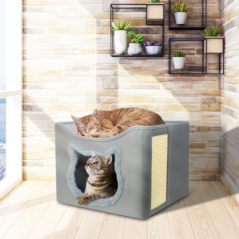 PHANCIR Cat Beds for Indoor Cats, Foldable Square Comfortable Pet Cave Bed & Furniture, with Scratching Pad and 2 Cushion, Grey