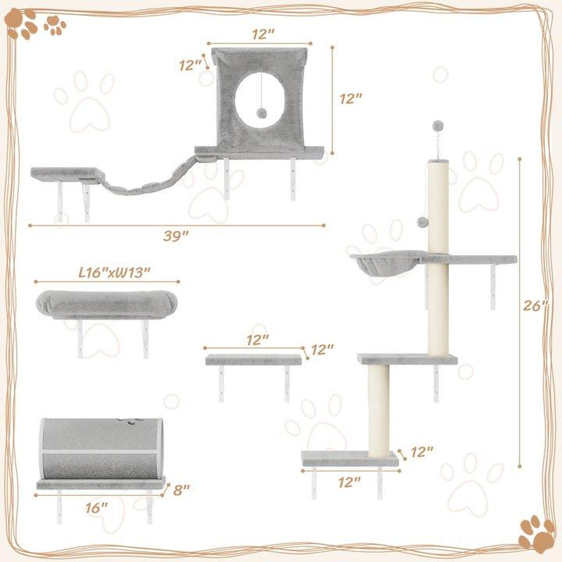 [Dealsforyoudays] 7-In-1 Wall Mounted Cat Climber Set with Cat House, Tunnel, Bridge, Tree, Steps, Scratcher Board & Hammock, Indoor Cat Shelves for Luxury Kitty