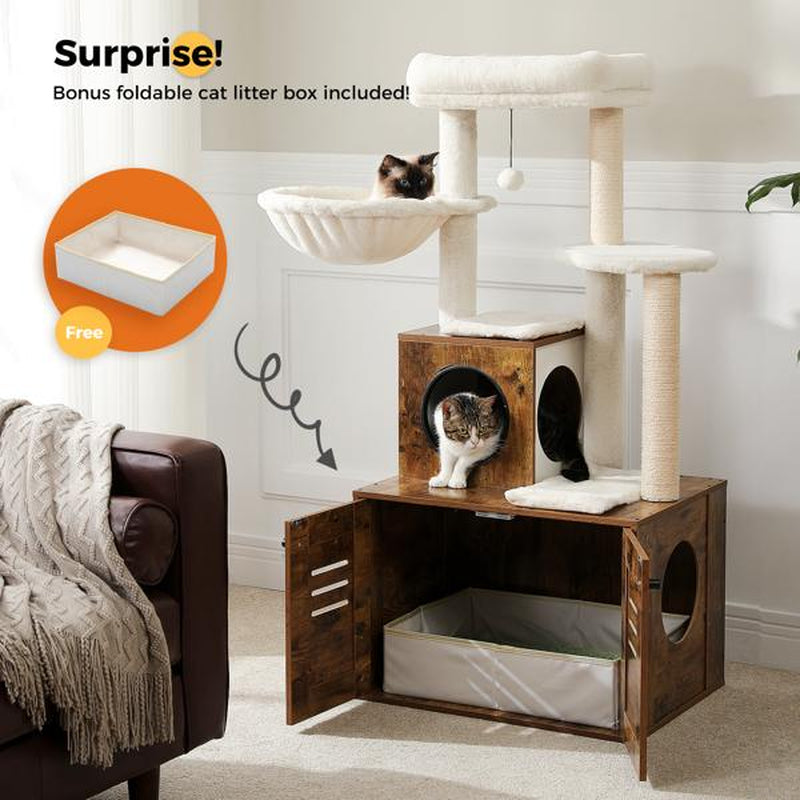 Cat Tree with Litter Box Enclosure, 50" Modern Cat Tree for Large/Fat Cats with Cat Condo, Wooden Cat Furniture with Large Hammock and Top Perch, Complimentary Cat Litter Box，Brown