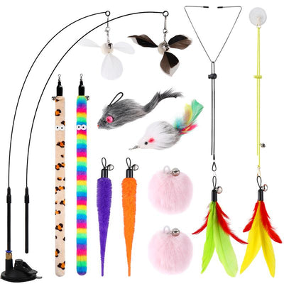 4-In-1 Interactive Indoor Cat Feather Toys - 12Pcs Durable Fishing Pole Cat Feather Toy Replacements - Enhanced Suction Cup Cat Wand Toy - 2 Types Door Hanging Cat String Toy for Indoor Kitten Cats