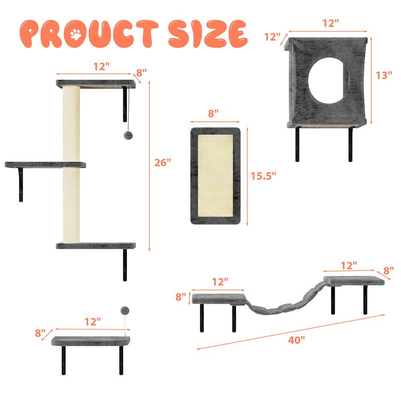 [Dealsforyoudays] 5-Piece Wall Mounted Cat Climbing Set – Soft House, Cat Scratching Board, Cat Tree, Cat Hammock & Cat Juamping Platform[Fathersdaygift]