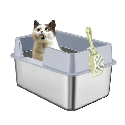 Stainless Steel Cat Litter Box with Lid, Extra Large Litter Box with Scoop, High Wall Sides Enclosure, Non-Sticky, Easy Clean and Anti-Leakage