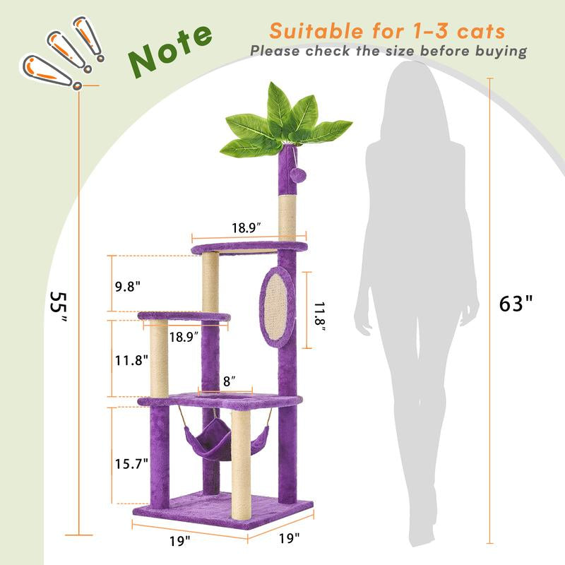 Wecharmer 55" Cat Tree / Tower for Indoor with Green Leaves, Cat Condo Cozy Plush House with Hang Ball, Pet Furniture with Scratching Posts Cat Tree